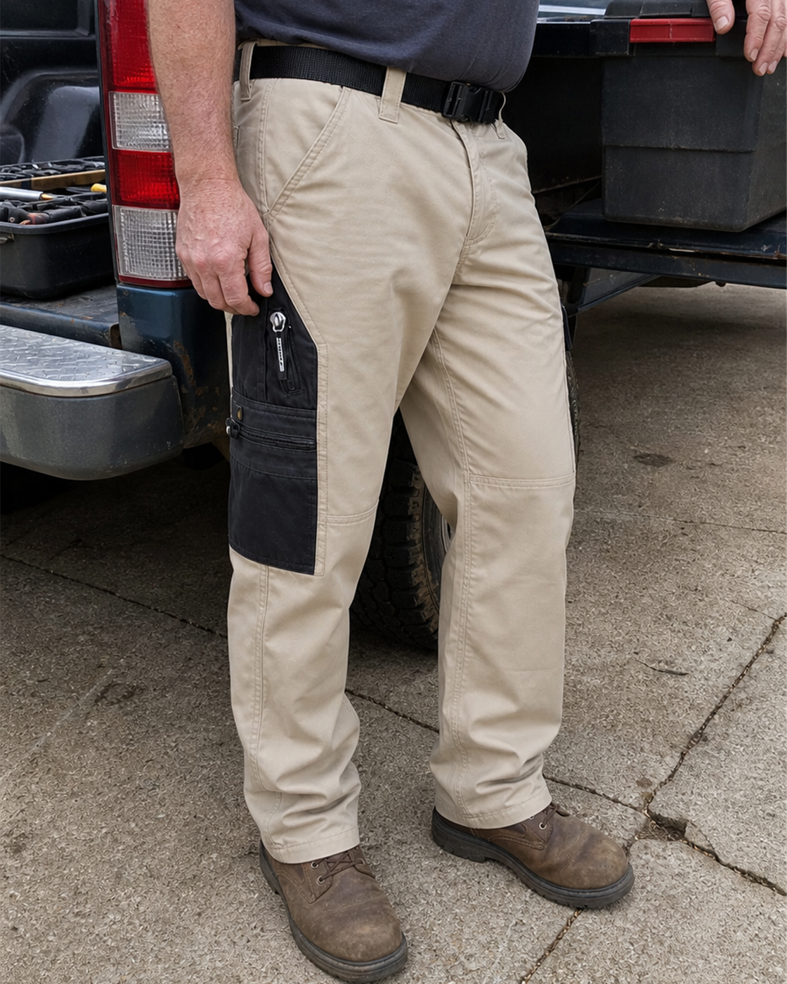 AI style inspiration wearing Stone Khaki multi-pocket tactical cargo pants in a driveway