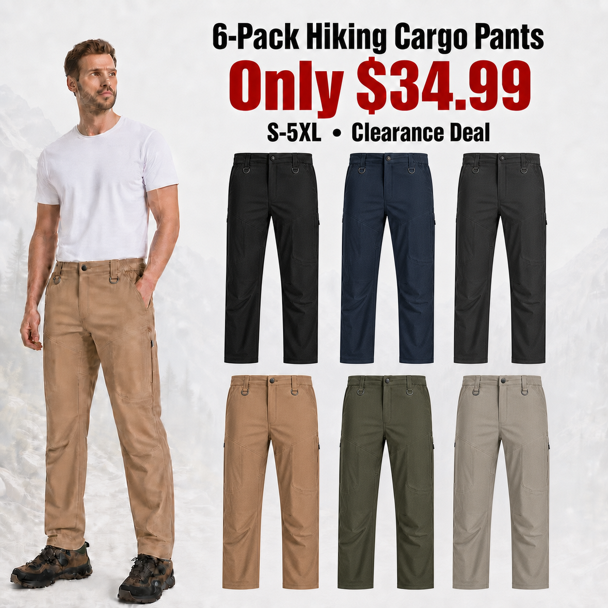 Men's hiking cargo pants 6-Pack promotional main image v3 equal-scale full-length pants grid