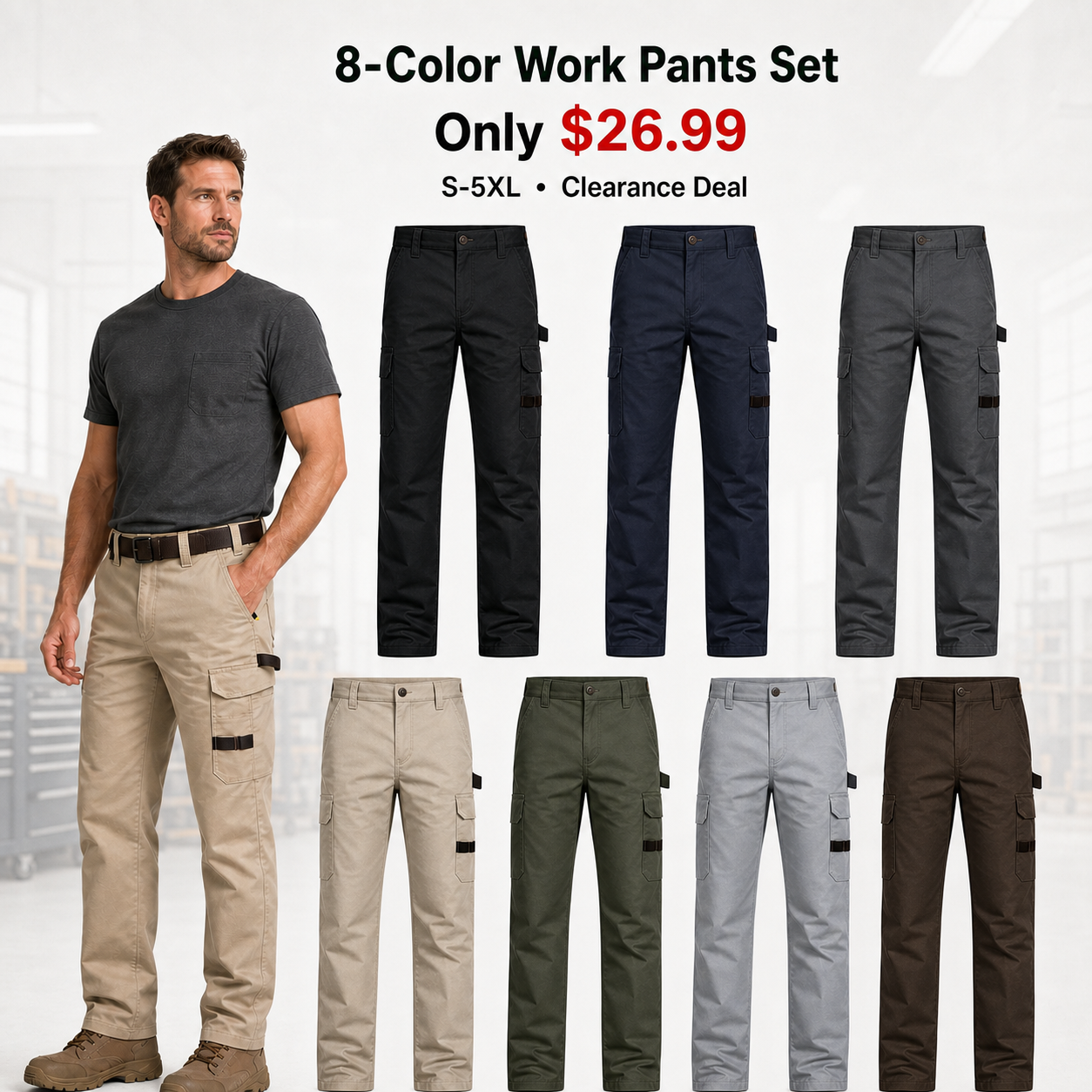Men's water-resistant multi-pocket work pants 8-Color Set promotional main image