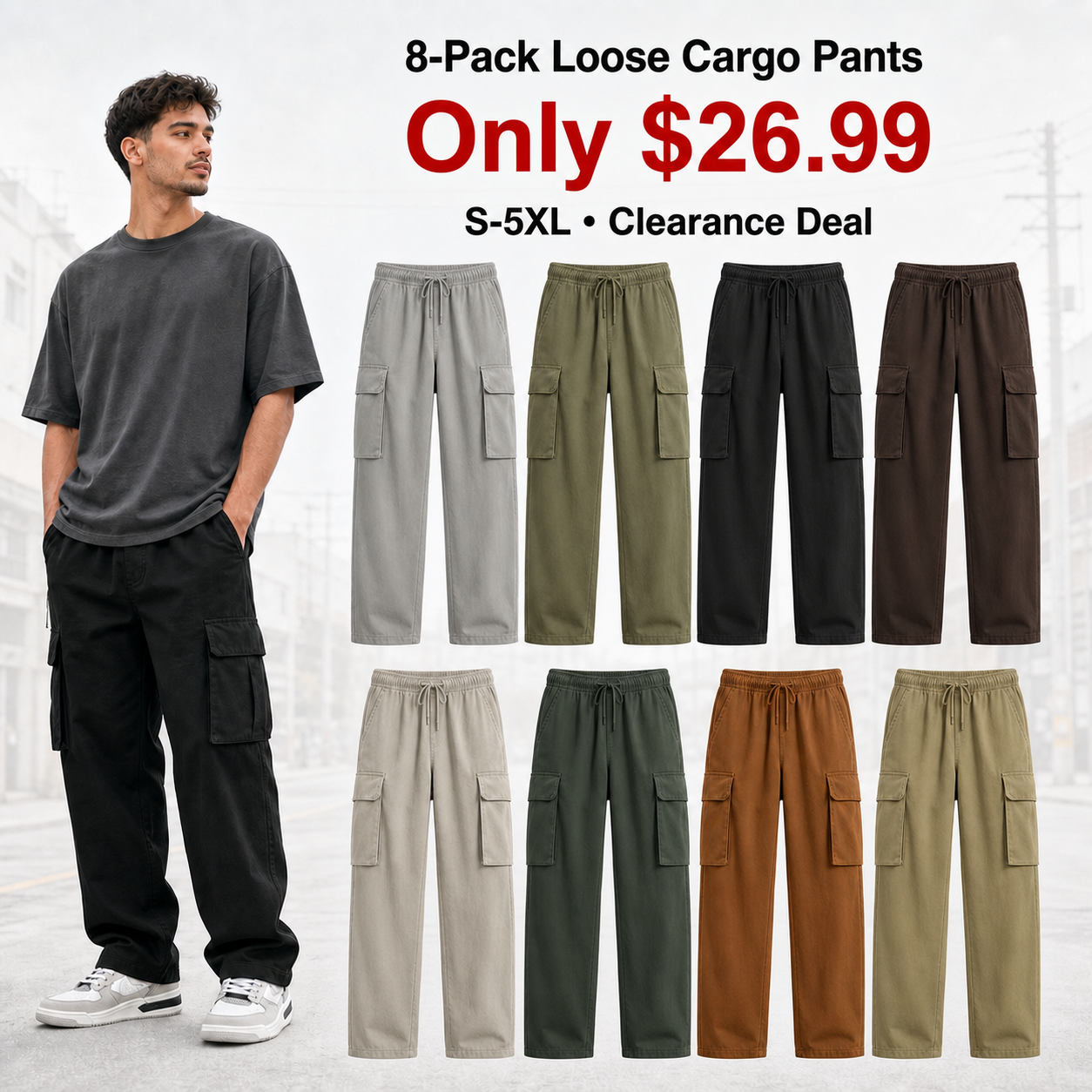 Men's loose cargo pants 8-Pack promotional main image v2 with enlarged centered offer text