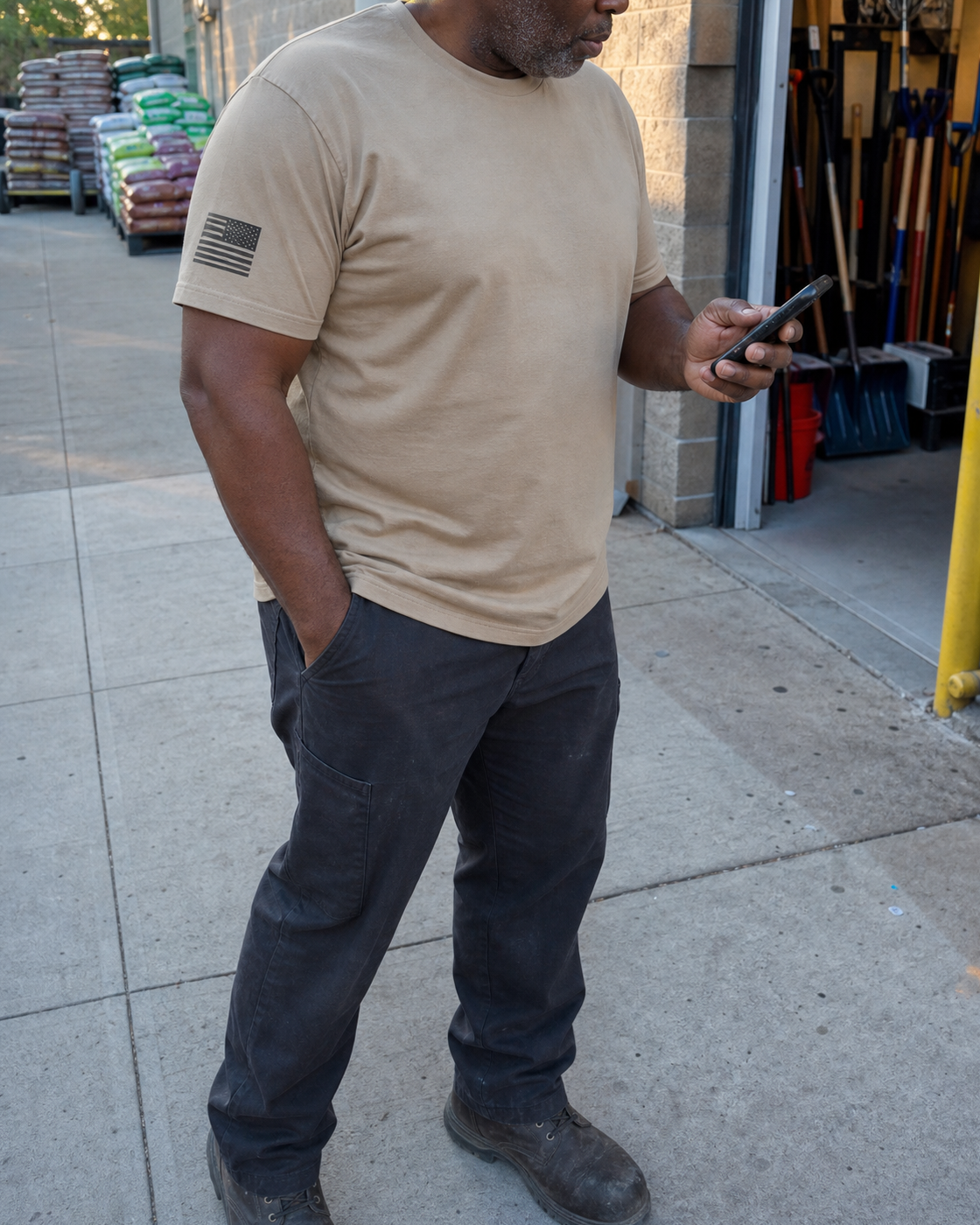 AI style inspiration wearing Khaki tactical crewneck work shirt outside a hardware store