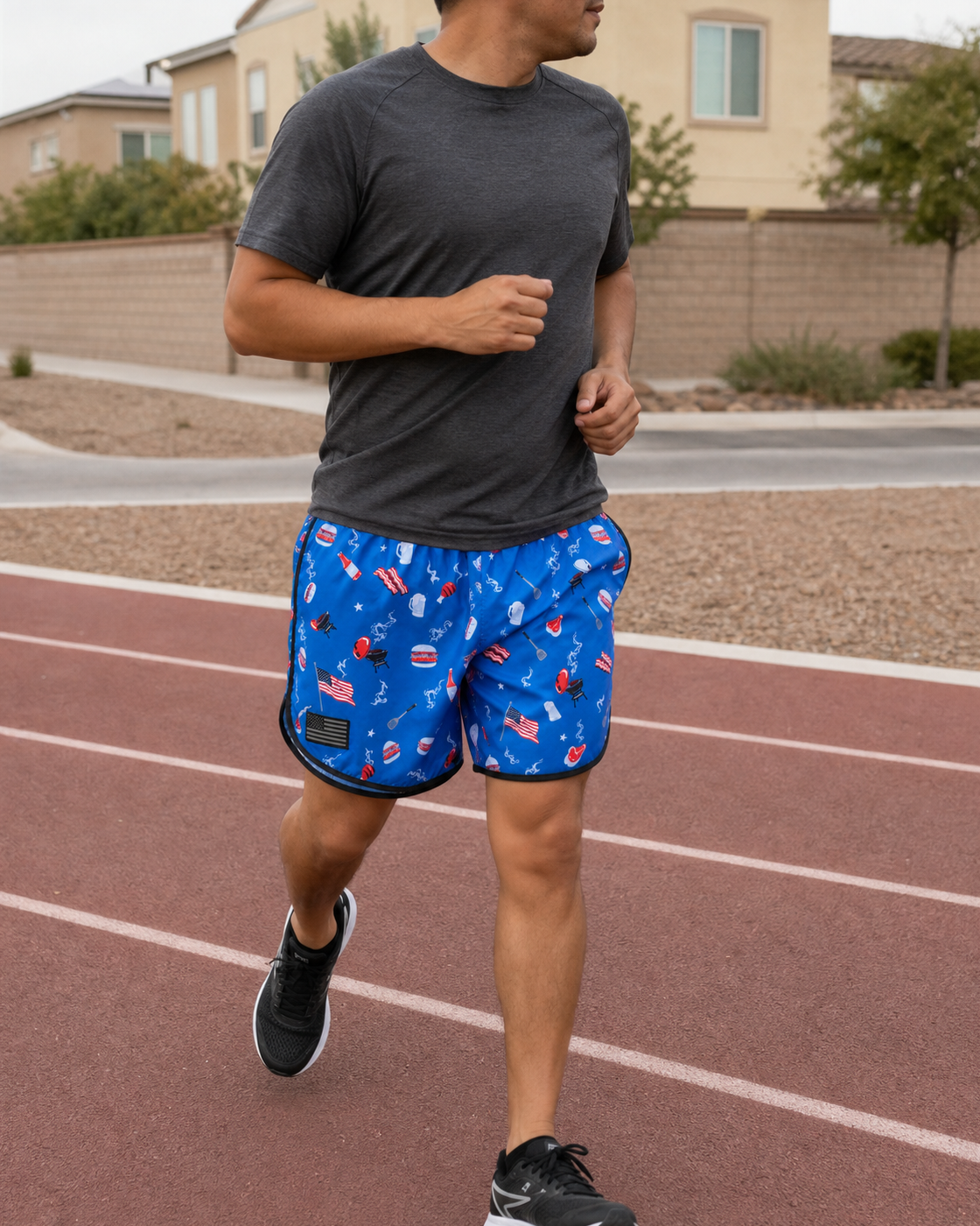 AI style inspiration wearing Patriotic BBQ Blue performance running shorts on a dry neighborhood running track