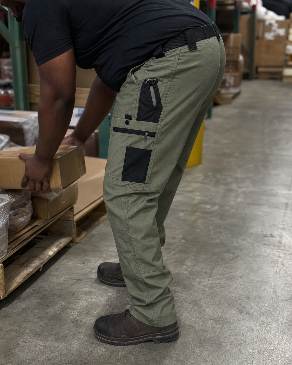 AI style inspiration wearing Olive tactical work pants during warehouse work