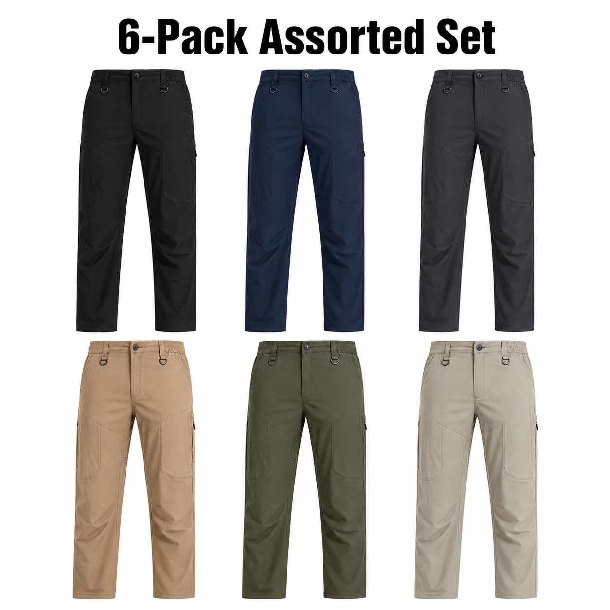 6-Pack Assorted Hiking Cargo Pants Set showing exactly Black, Navy, Charcoal, Khaki, Olive, and Stone