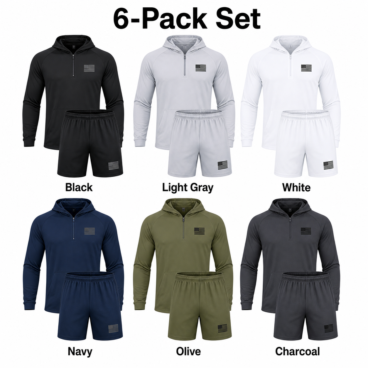 6-Pack Set image showing exactly six complete top and shorts sets