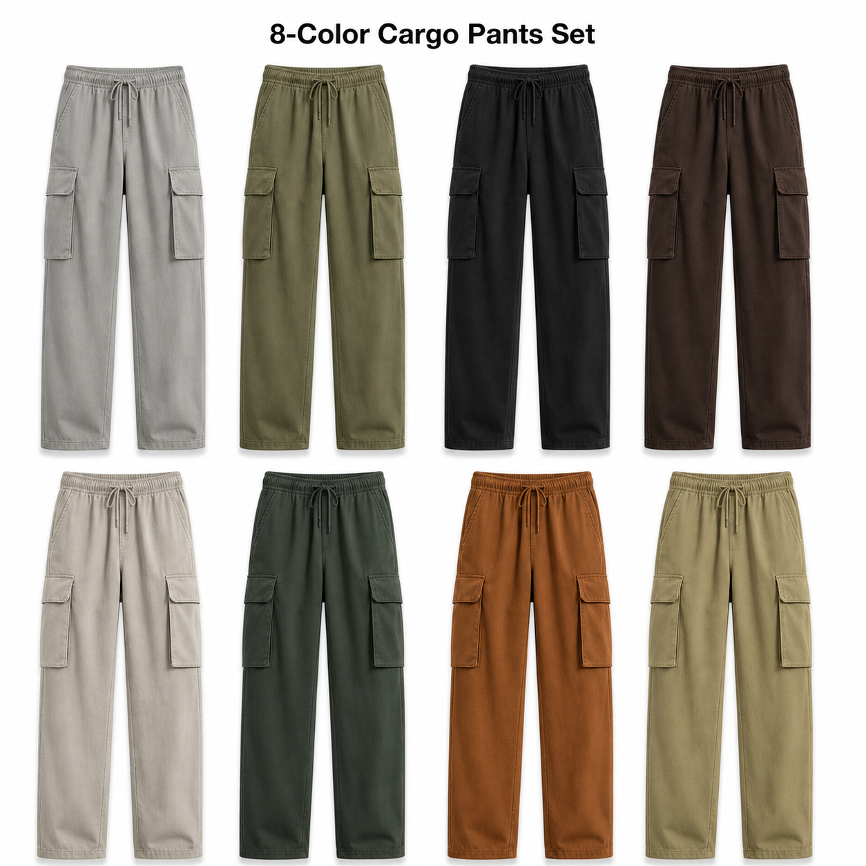 8-Color Loose Cargo Pants Set showing exactly eight colors
