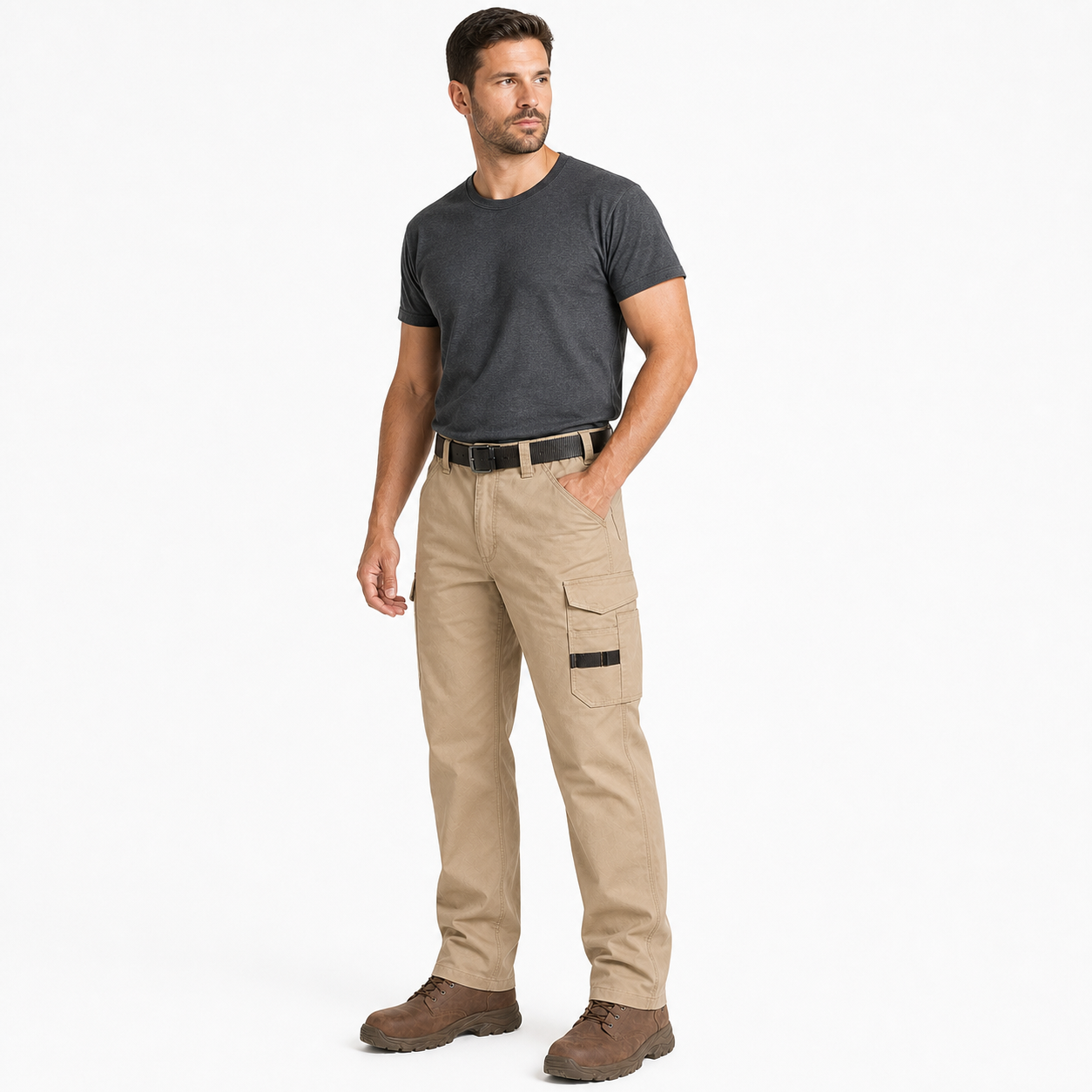 Khaki multi-pocket work pants front fit gallery image