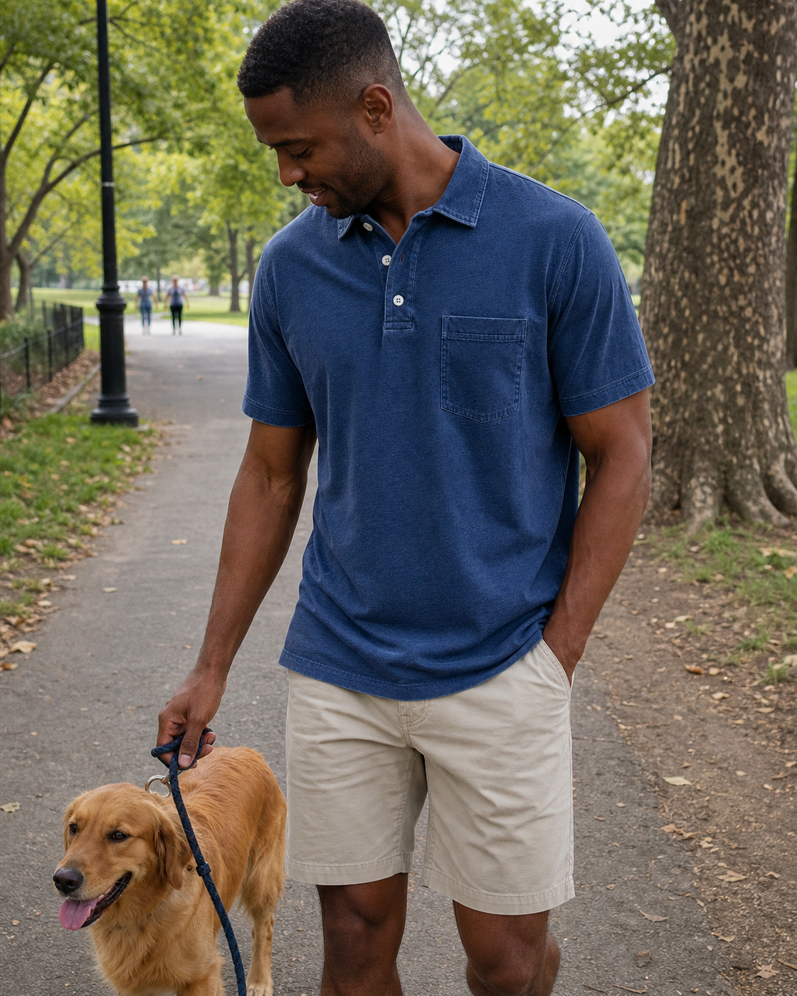AI style inspiration wearing a Washed Navy Blue pocket polo during a neighborhood dog walk