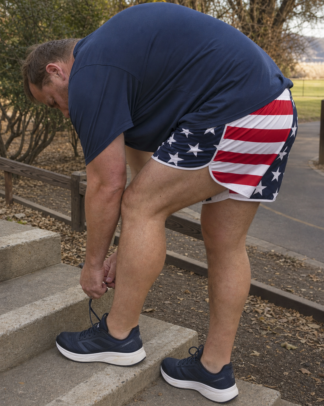 AI style inspiration wearing Stars and Stripes performance running shorts during a dry park warm-up