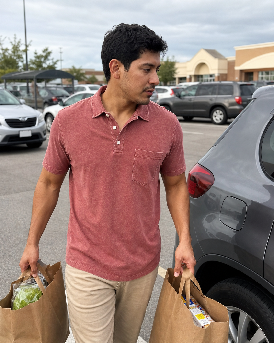AI style inspiration wearing a Washed Brick Red pocket polo during a grocery run
