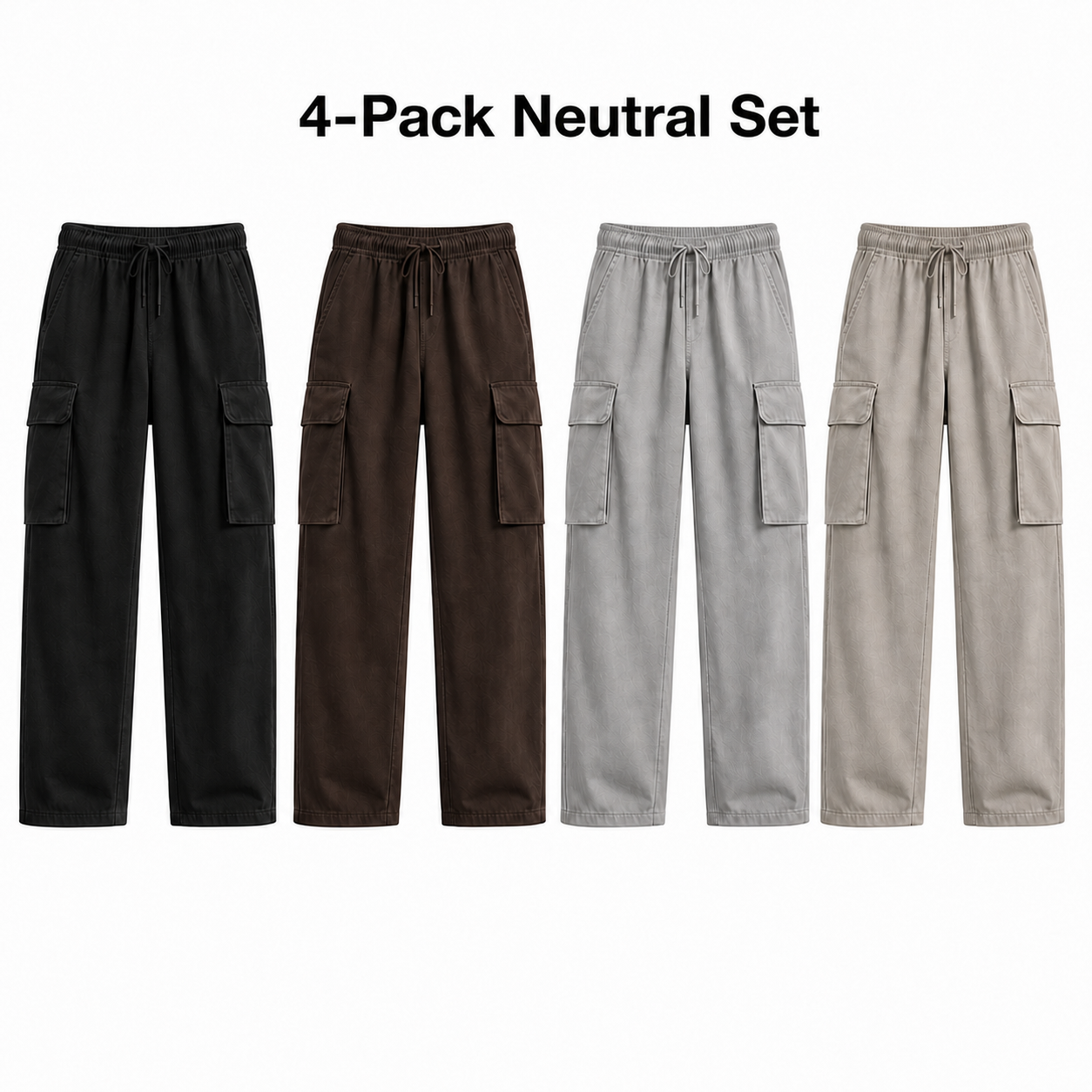 4-Pack Neutral Loose Cargo Pants Set showing exactly Black, Dark Brown, Light Gray, and Stone