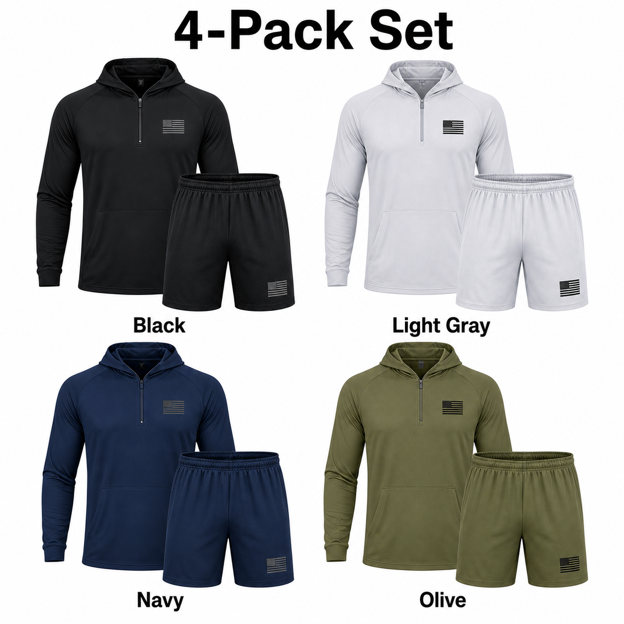 4-Pack Set image showing exactly four complete top and shorts sets