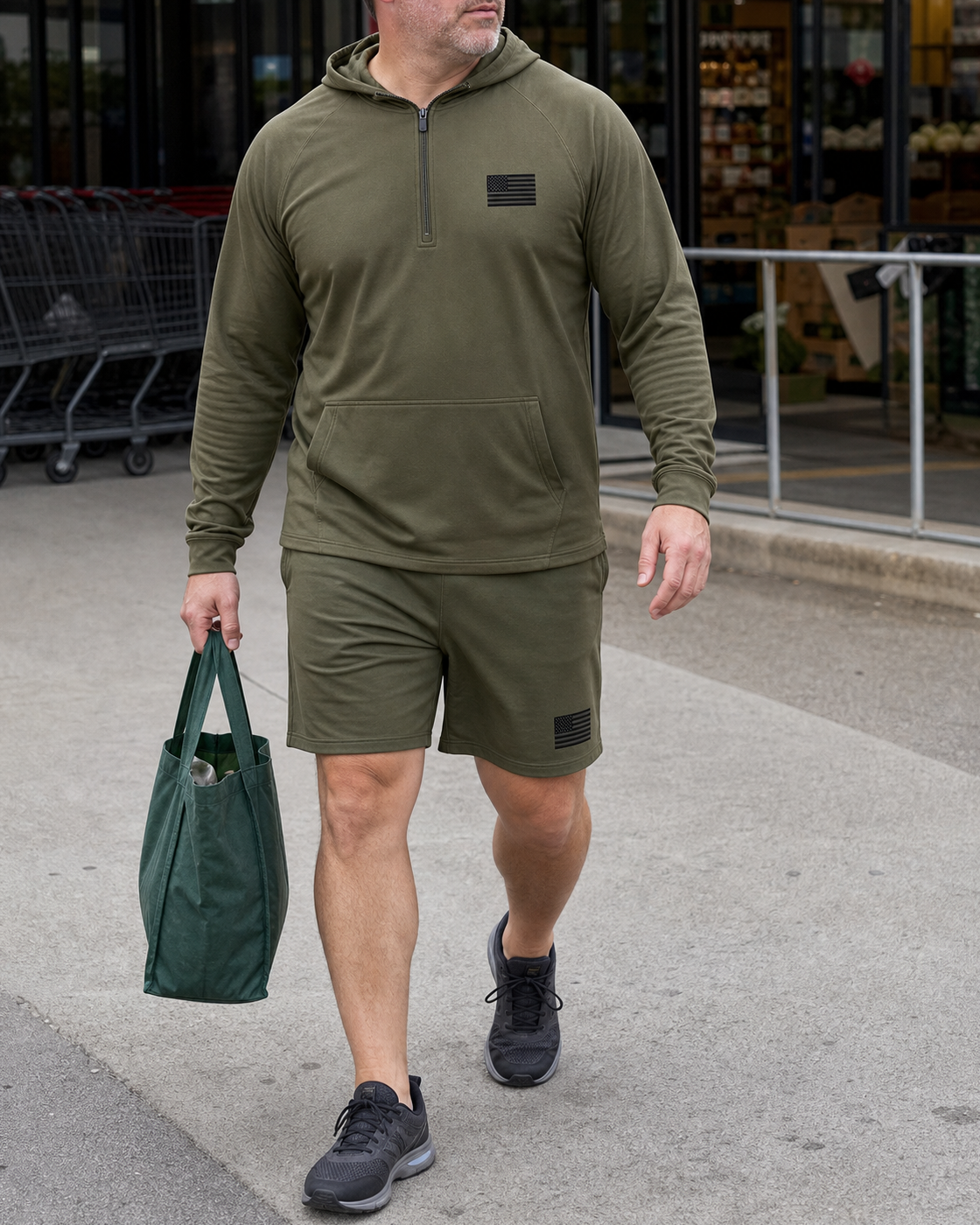 AI style inspiration wearing Olive quarter-zip hoodie and matching shorts during a grocery errand