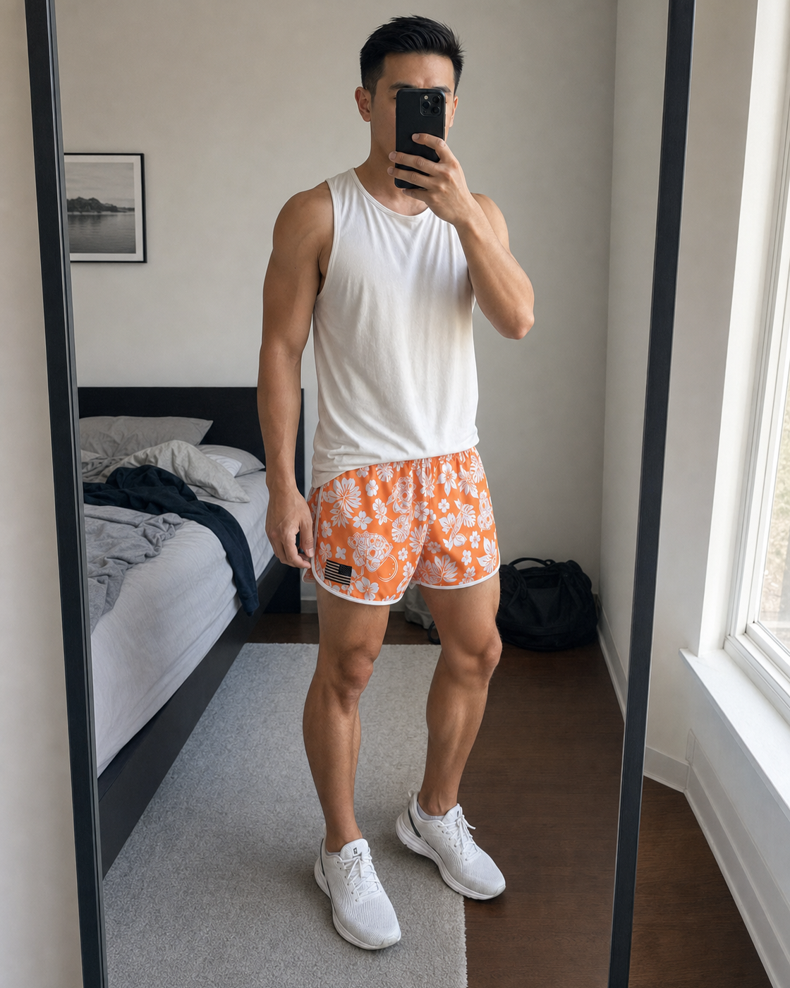 AI style inspiration mirror fit wearing Orange Skull Floral performance running shorts at home