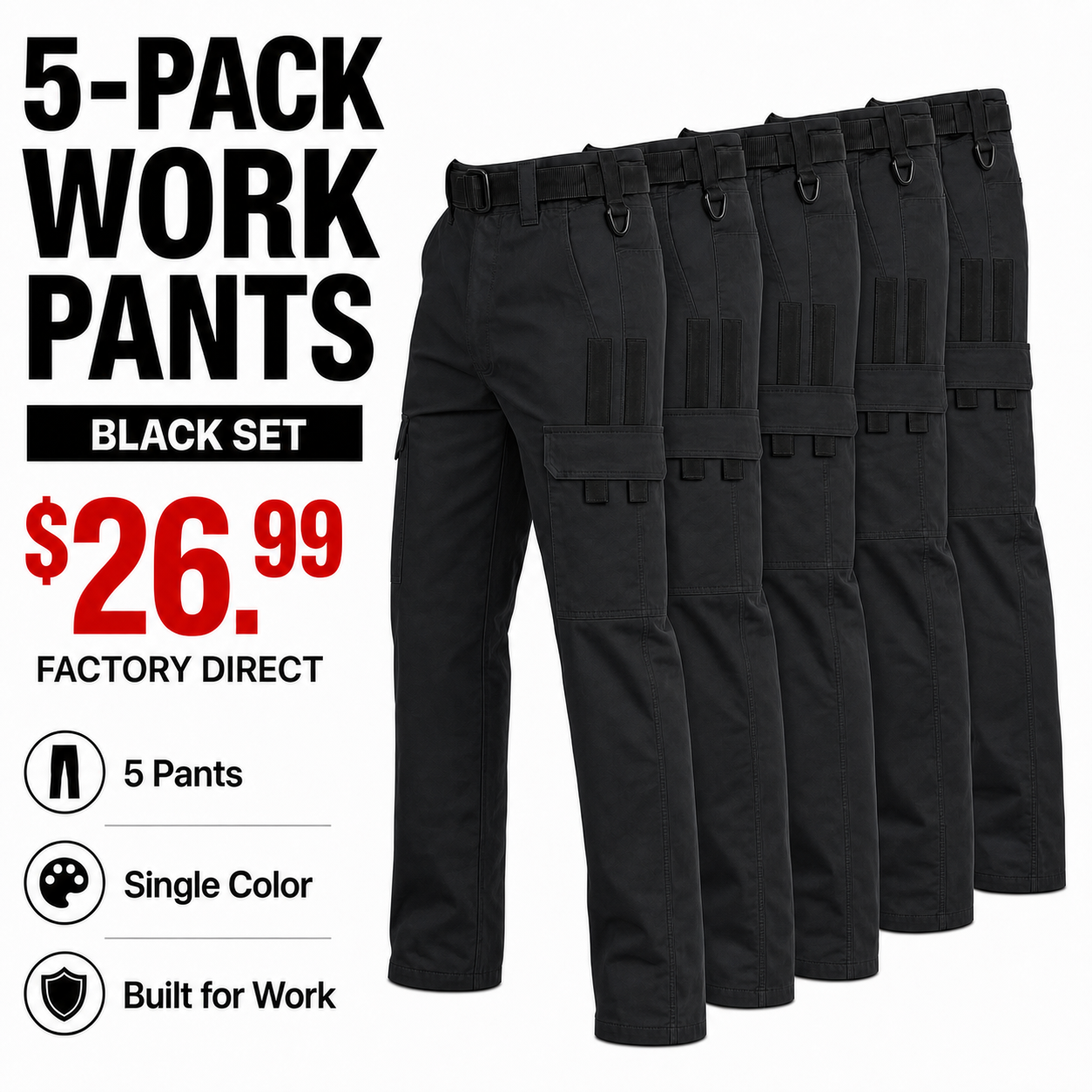 Black x5 work pants bundle with corrected symmetrical side-pocket trim