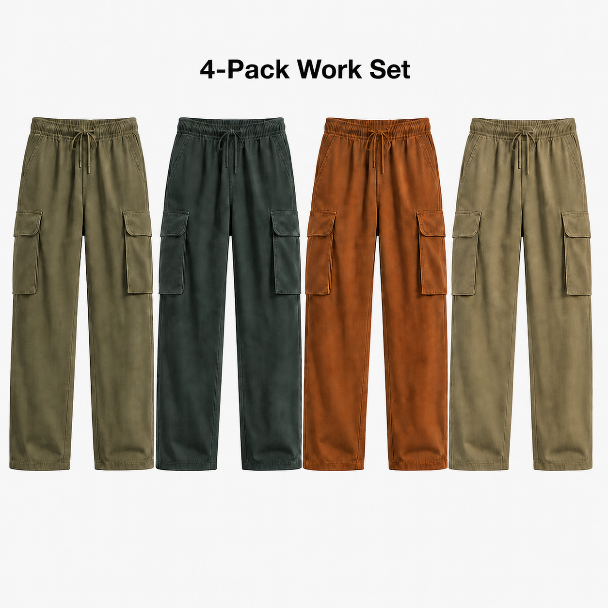 4-Pack Work Loose Cargo Pants Set showing exactly Olive Green, Forest Green, Rust Brown, and Khaki