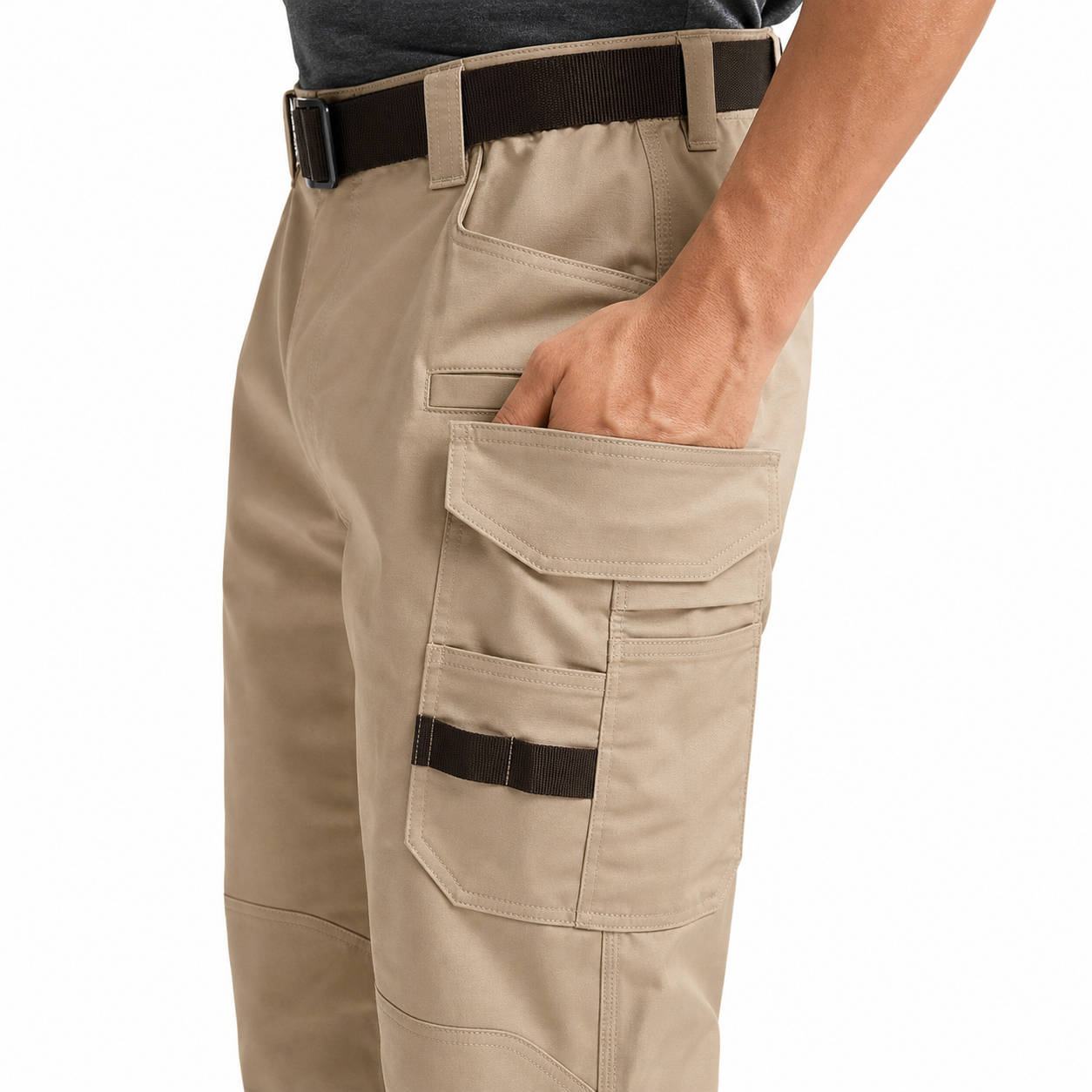 Khaki multi-pocket work pants pocket construction close-up