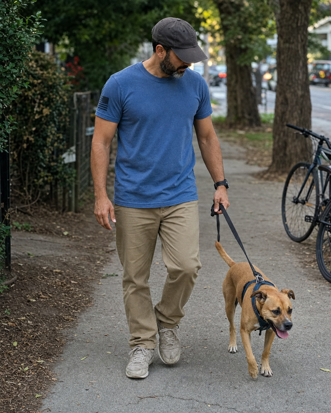 AI style inspiration wearing Denim Blue tactical crewneck work shirt on a neighborhood dog walk