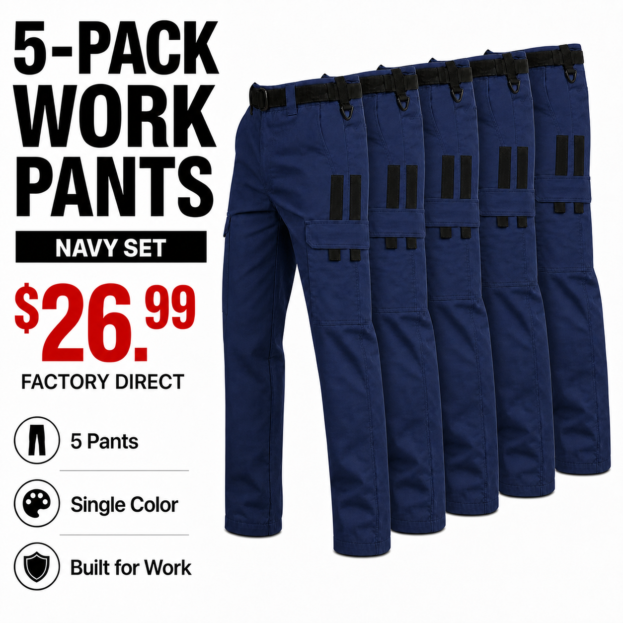 Navy x5 work pants bundle with corrected symmetrical side-pocket trim