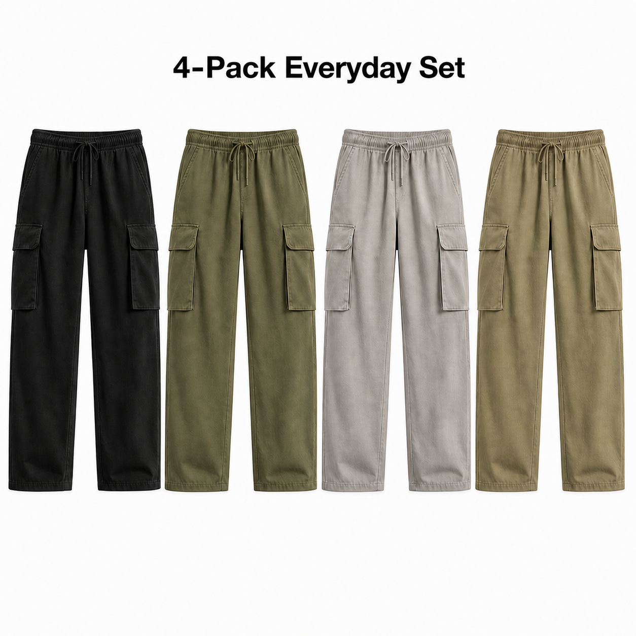 4-Pack Everyday Loose Cargo Pants Set showing exactly Black, Olive Green, Stone, and Khaki
