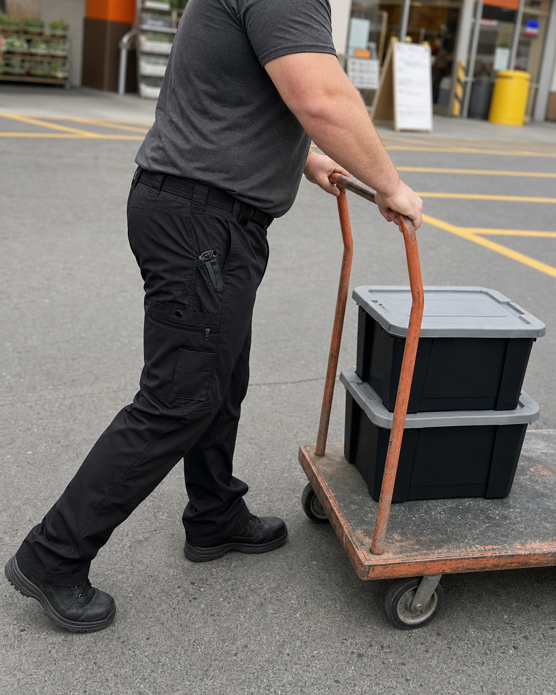 AI style inspiration wearing Black tactical work pants at a hardware store