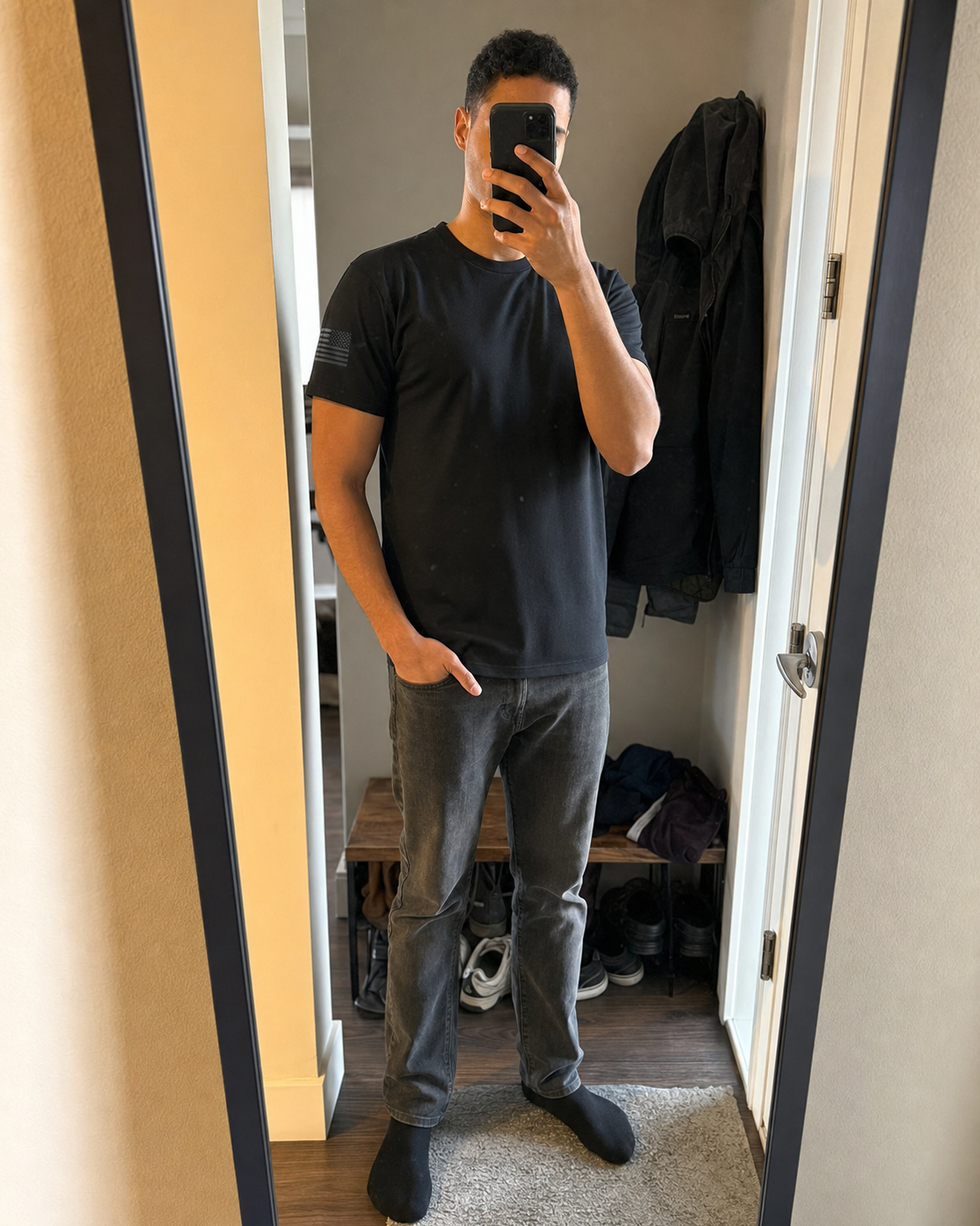 AI style inspiration mirror fit wearing Black tactical crewneck work shirt
