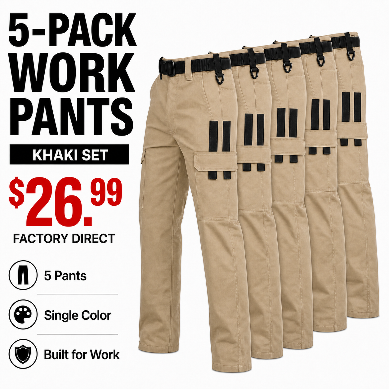 Khaki x5 work pants bundle with corrected symmetrical side-pocket trim