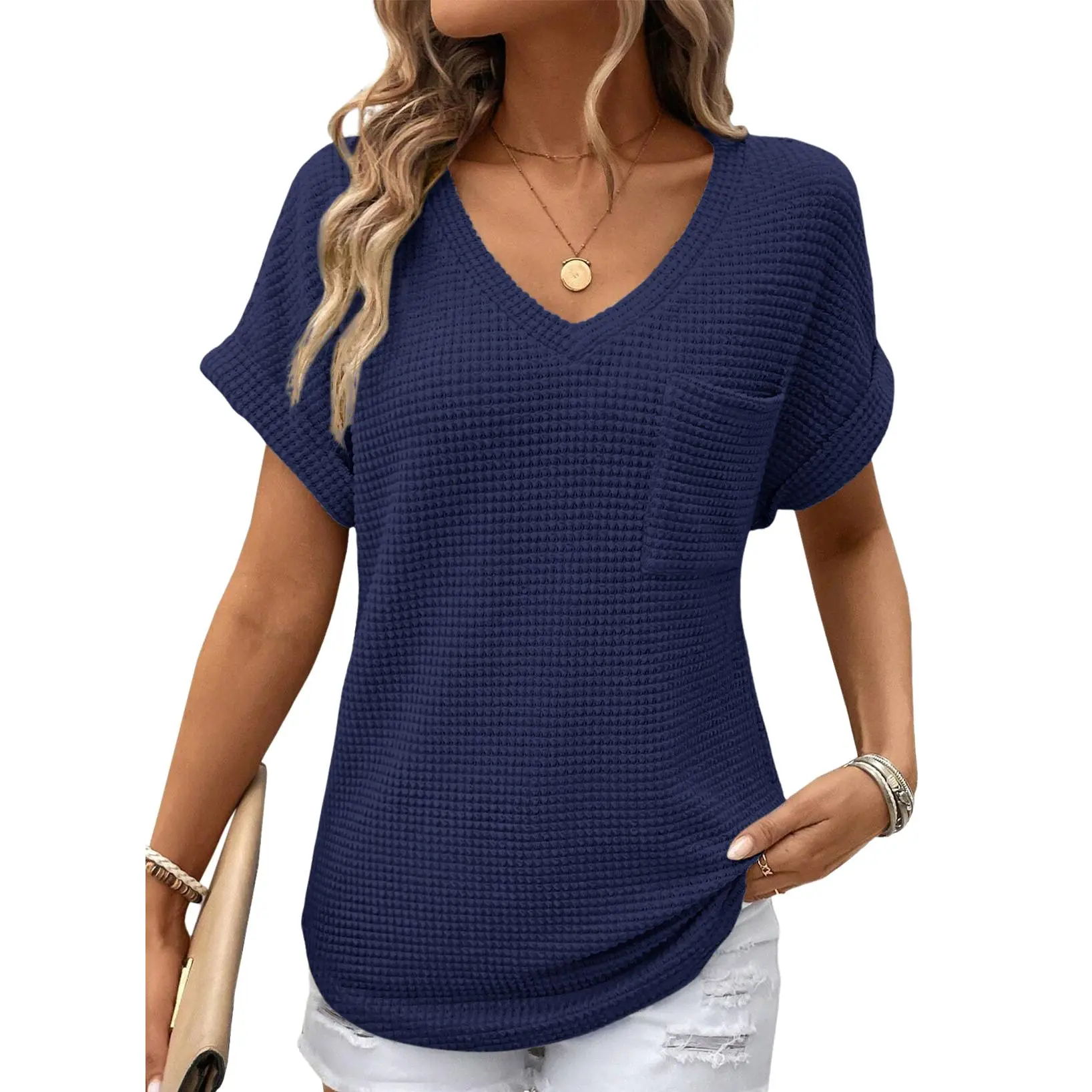 Women's Waffle Knit V-Neck Casual Summer Tops - Lightweight & Breathable Basic Tee for Beach, Party, Work