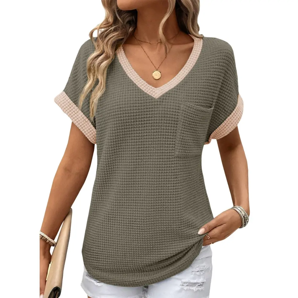 Women's Waffle Knit V-Neck Casual Summer Tops - Lightweight & Breathable Basic Tee for Beach, Party, Work