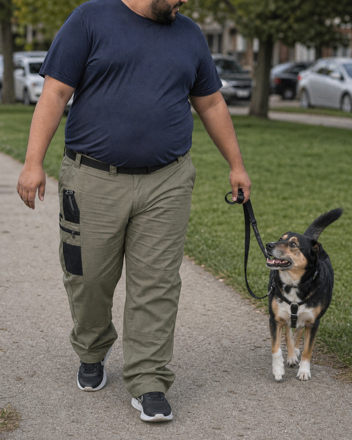 AI style inspiration wearing Olive tactical work pants during a neighborhood dog walk
