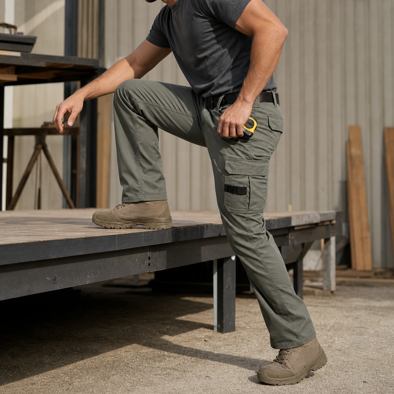 Olive Green multi-pocket work pants movement gallery image