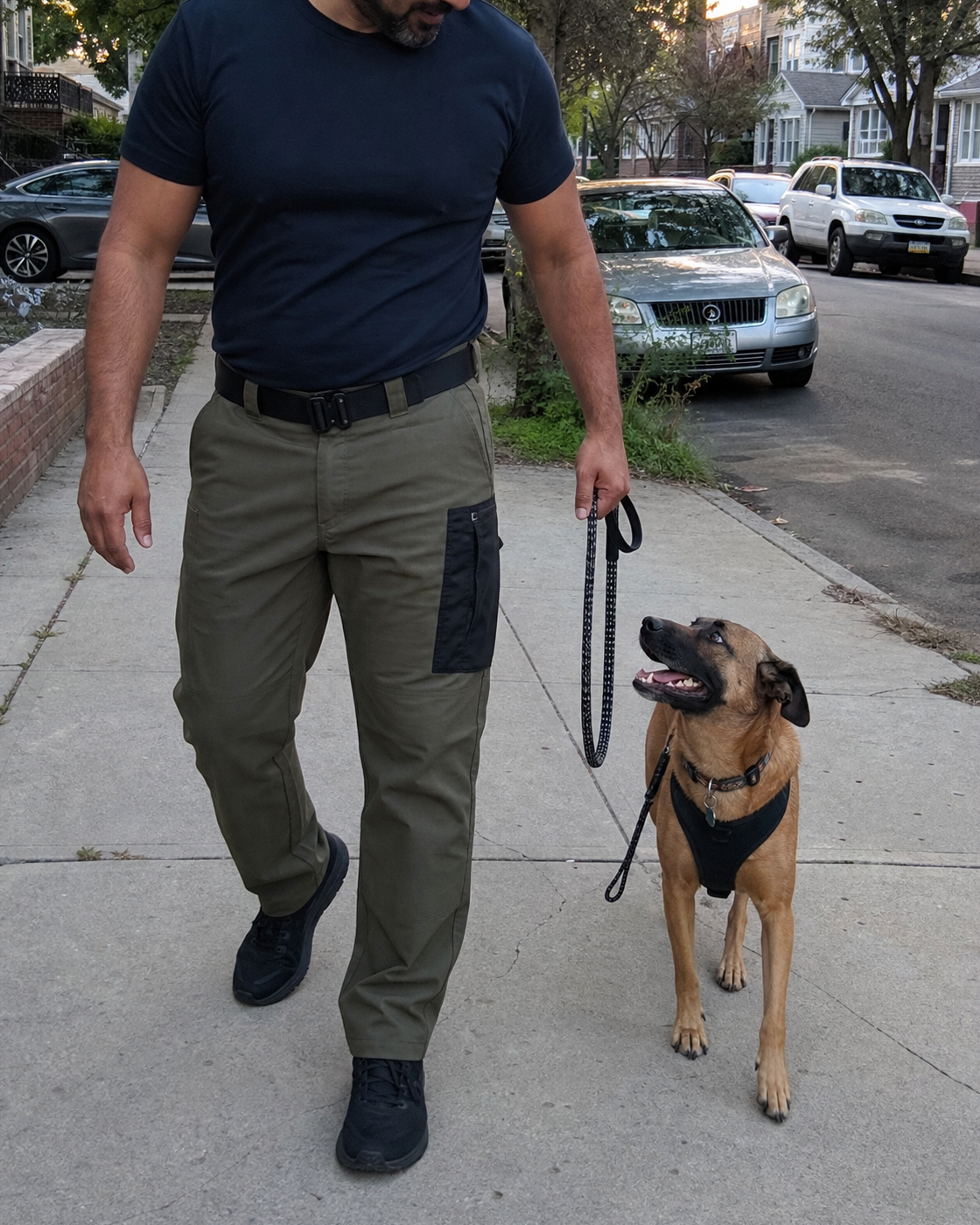 AI style inspiration wearing Olive Drab multi-pocket tactical cargo pants during a neighborhood walk