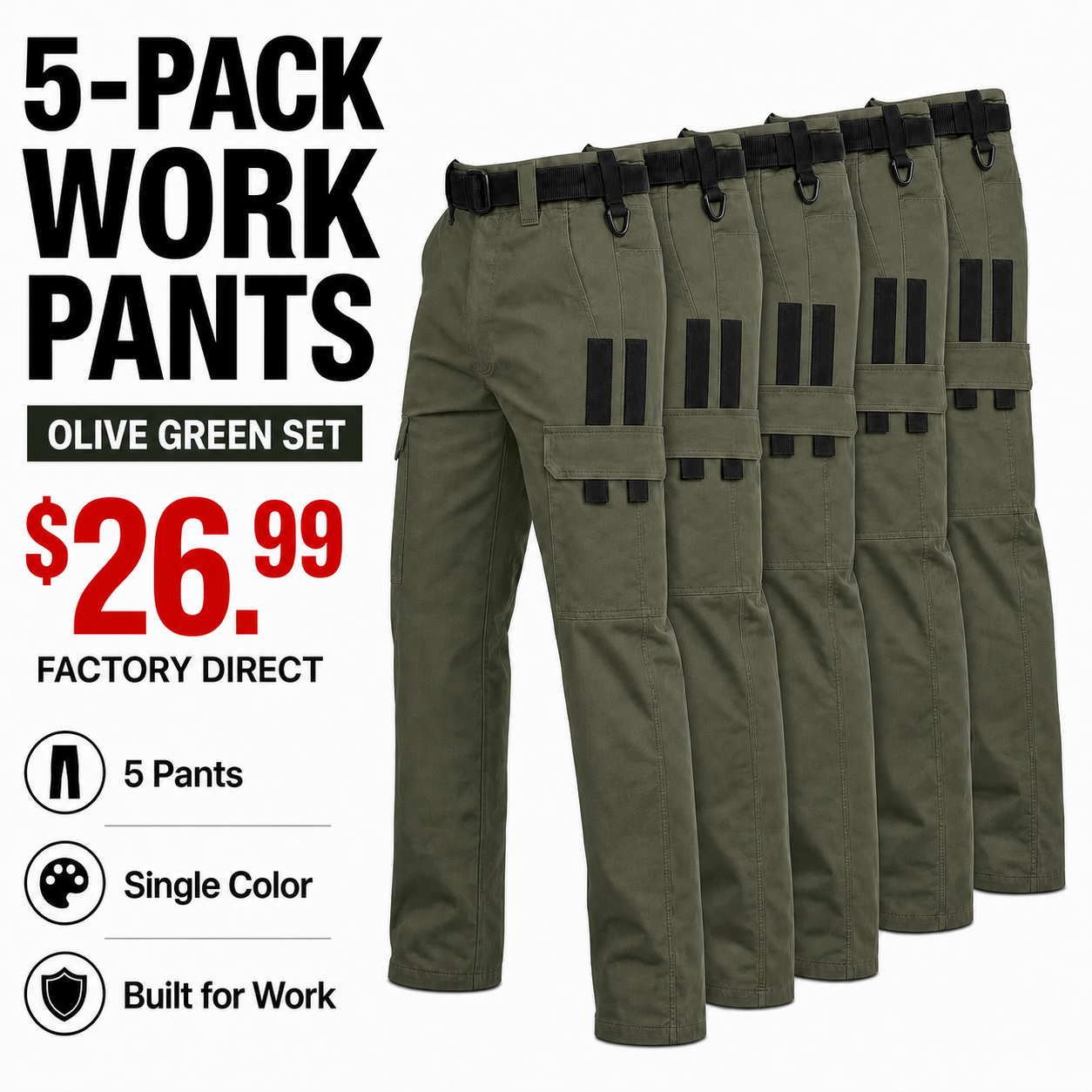 Olive Green x5 work pants bundle with corrected symmetrical side-pocket trim