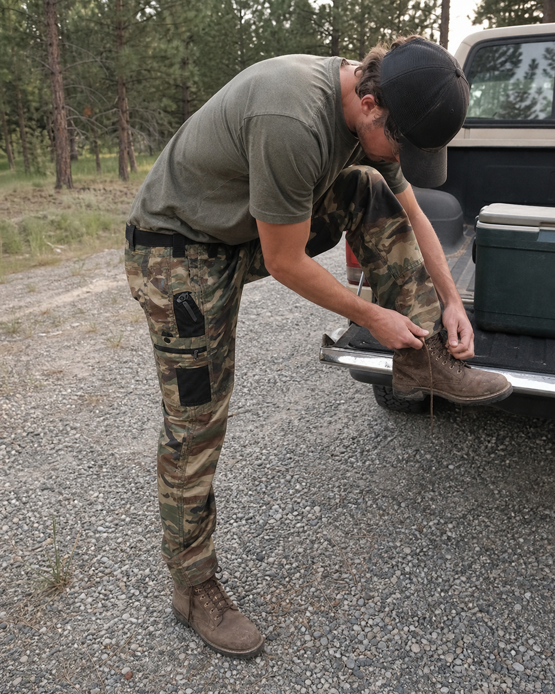 AI style inspiration wearing Woodland Camo tactical work pants beside a pickup truck