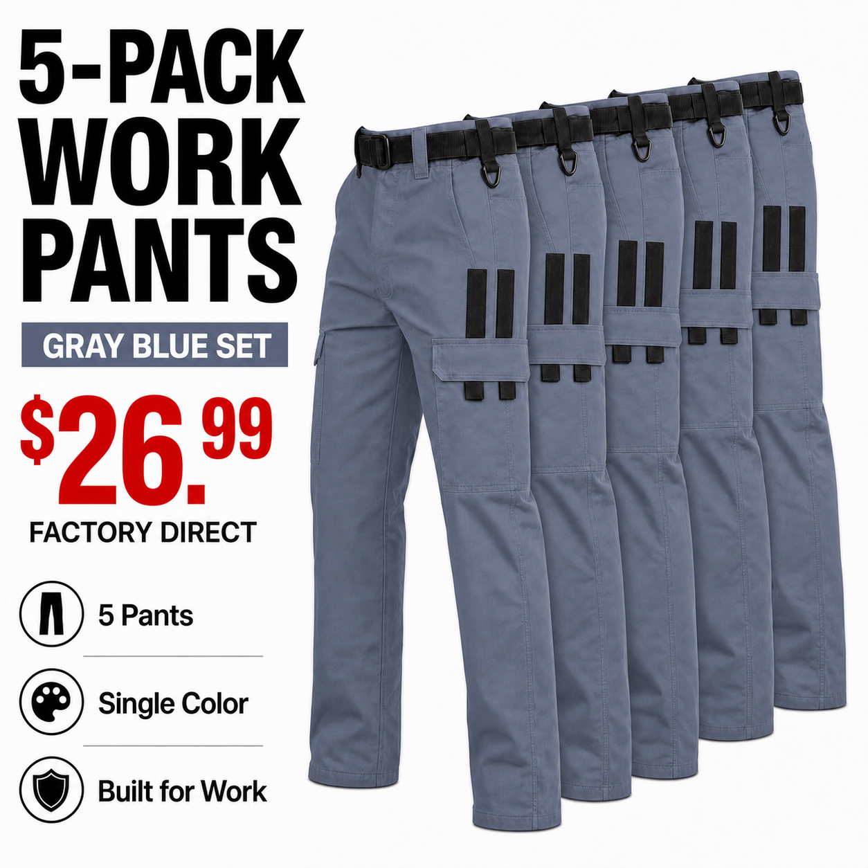 Gray Blue x5 work pants bundle with corrected symmetrical side-pocket trim