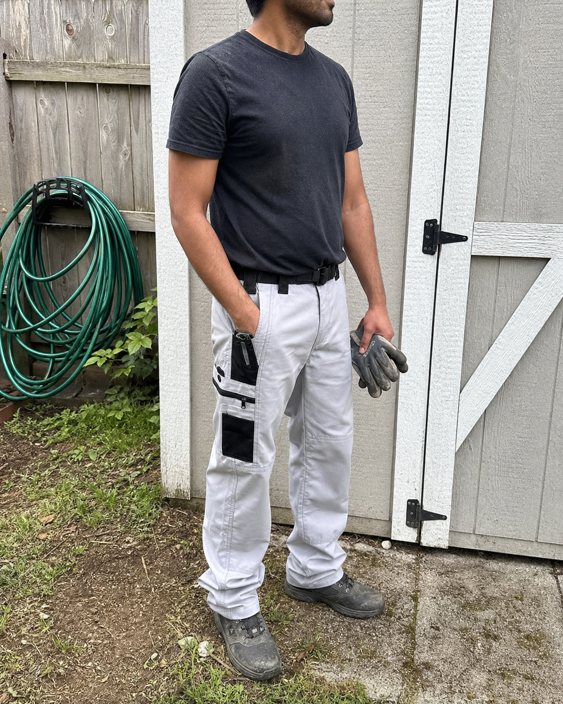 AI style inspiration wearing Light Gray tactical work pants during yard chores