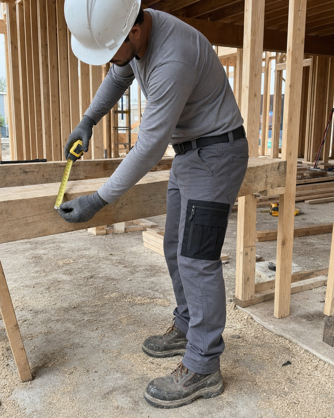 AI style inspiration wearing Carbon Gray multi-pocket tactical cargo pants at a wood-framing jobsite