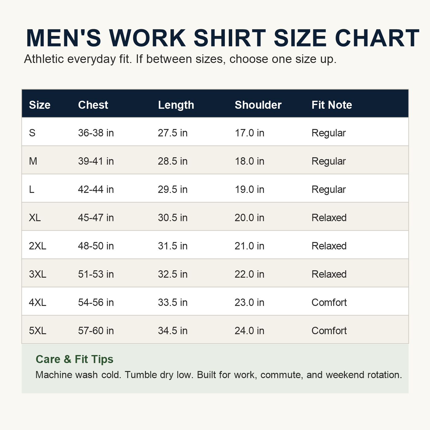 Work shirt size chart
