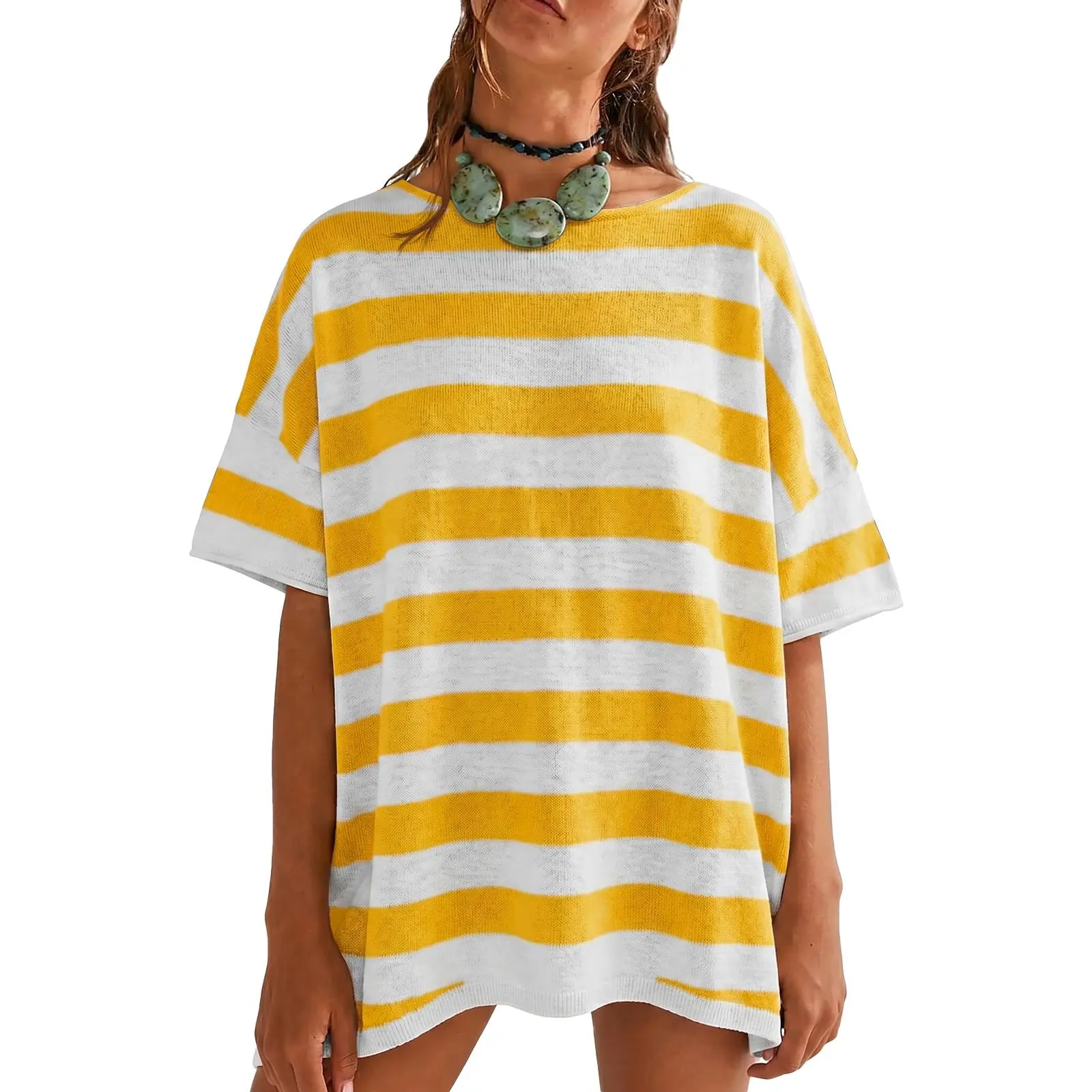 Women's Oversized T Shirts Casual Summer Crew Neck Loose Dropped Short Sleeve Side Slit Hem Blouse Tunic Tops Sweater Tee
