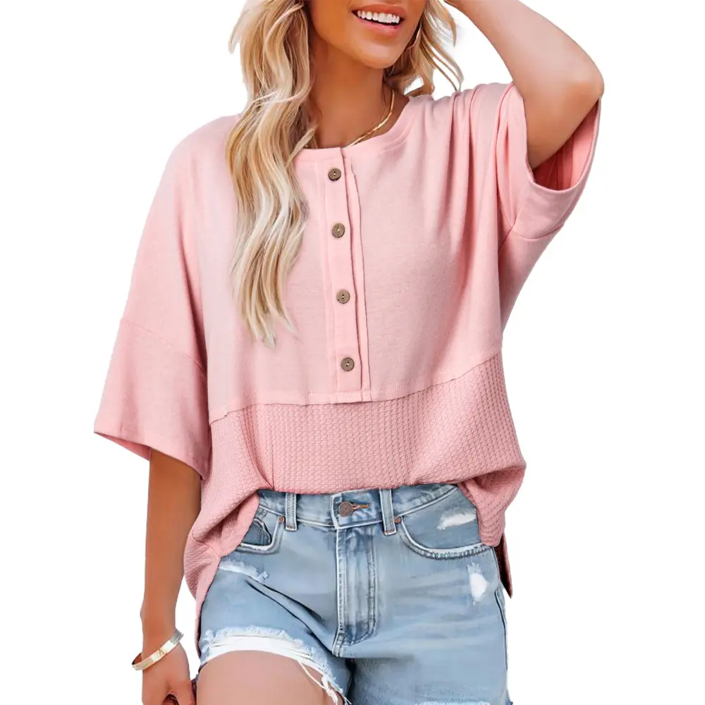 Womens Waffle Knit Tops 3/4 Sleeve Casual Button Down Shirts Crew Neck Oversized Patchwork Blouses
