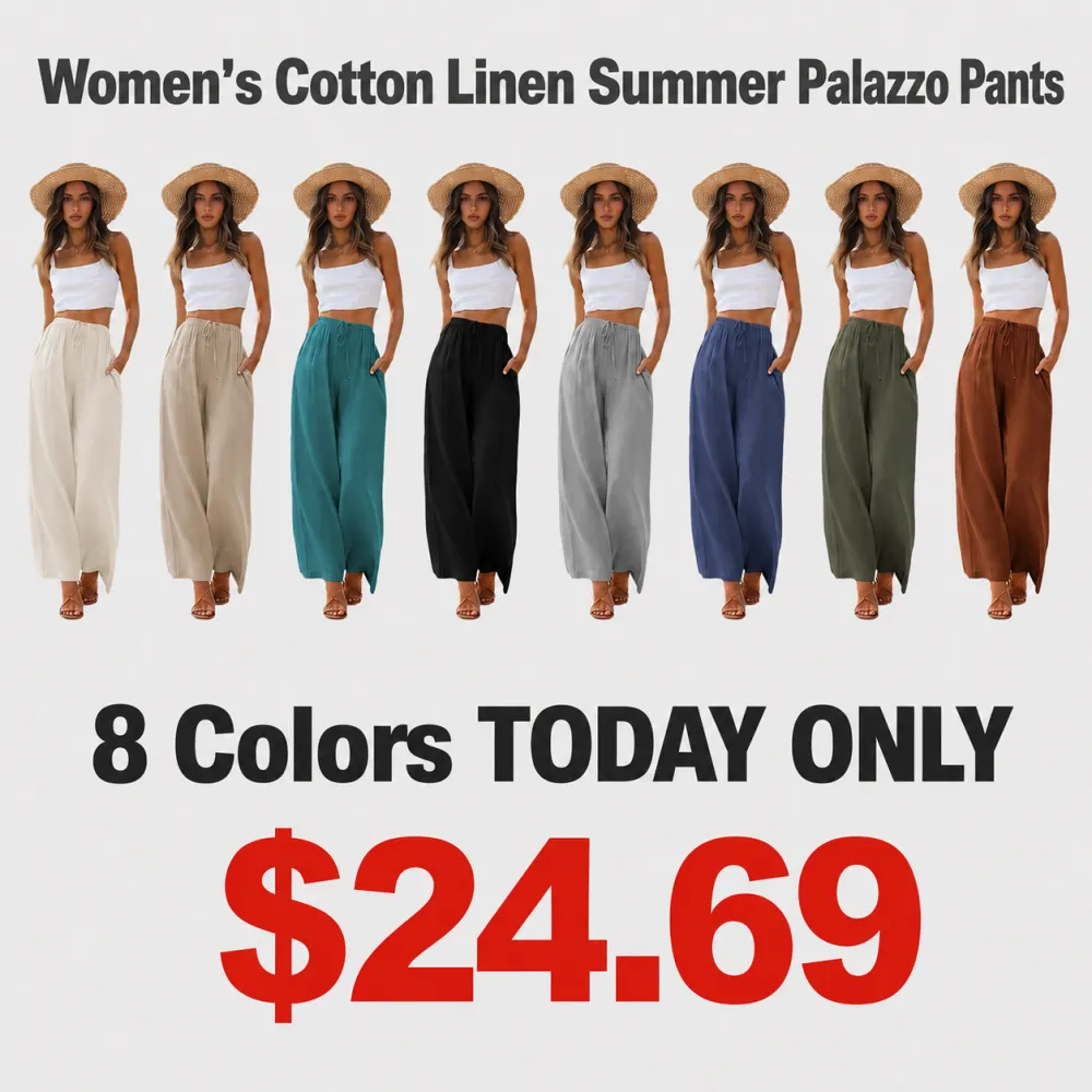 Summer Vibes - Women's Cotton Linen Summer Palazzo Pants Flowy Wide Leg Beach Trousers with Pockets