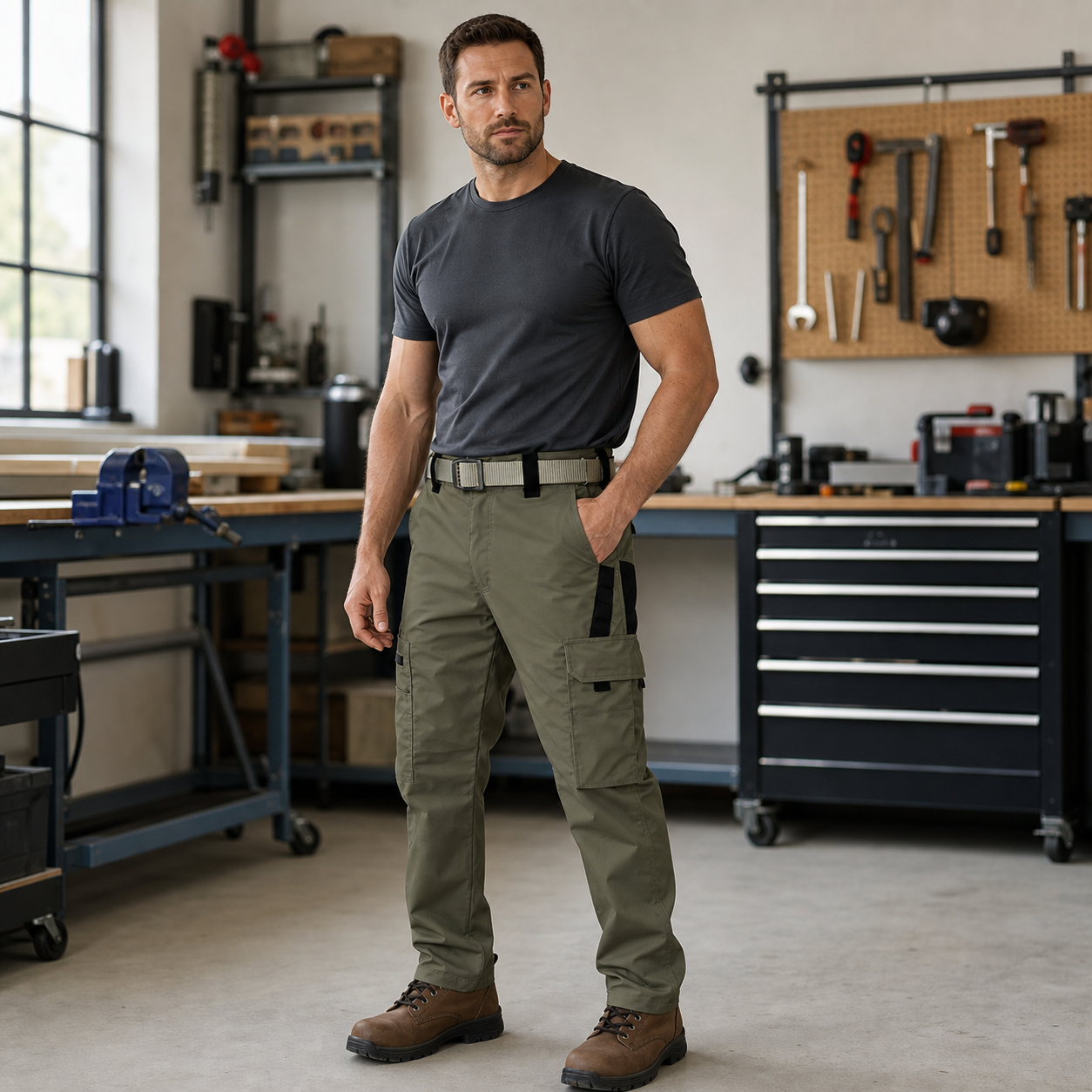 Olive Green multi-pocket work pants workshop fit image