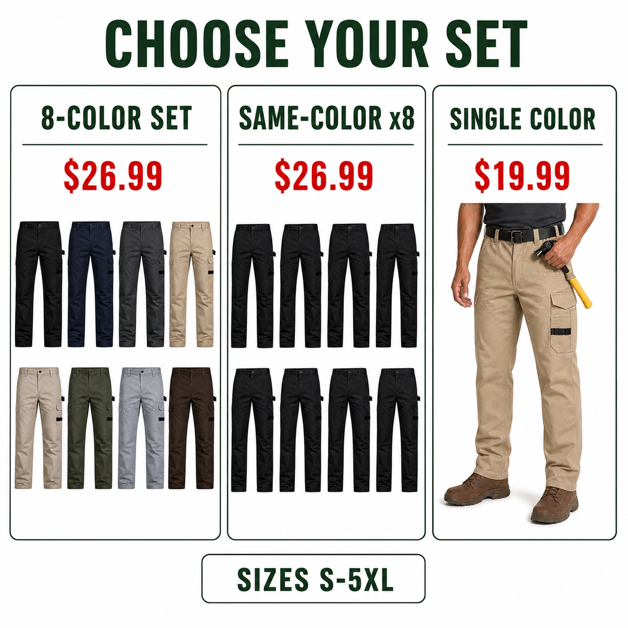 Multi-pocket work pants bundle and single-color options