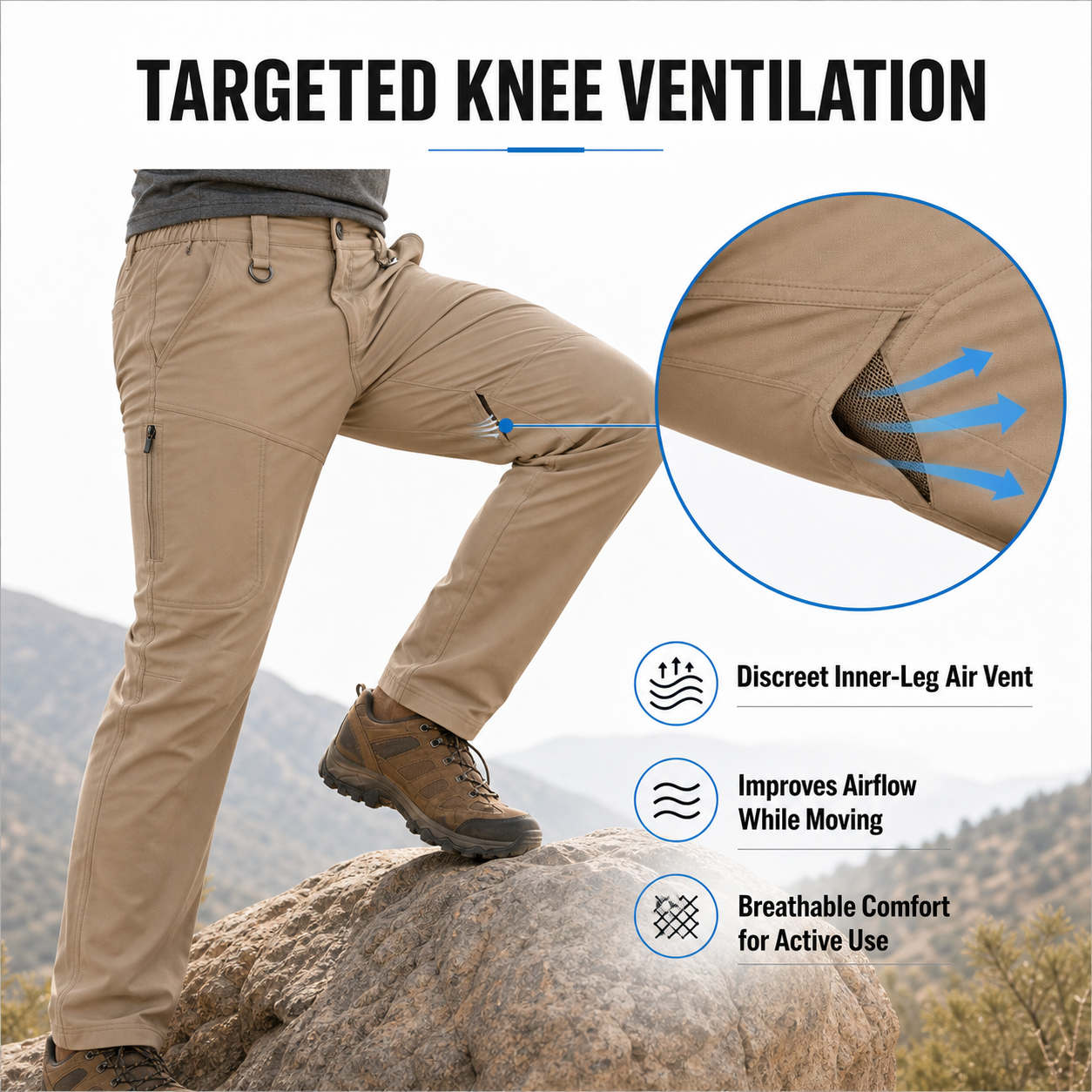 Hiking cargo pants targeted knee ventilation detail image