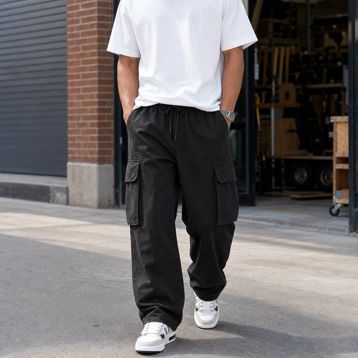 Black loose cargo pants urban fit image