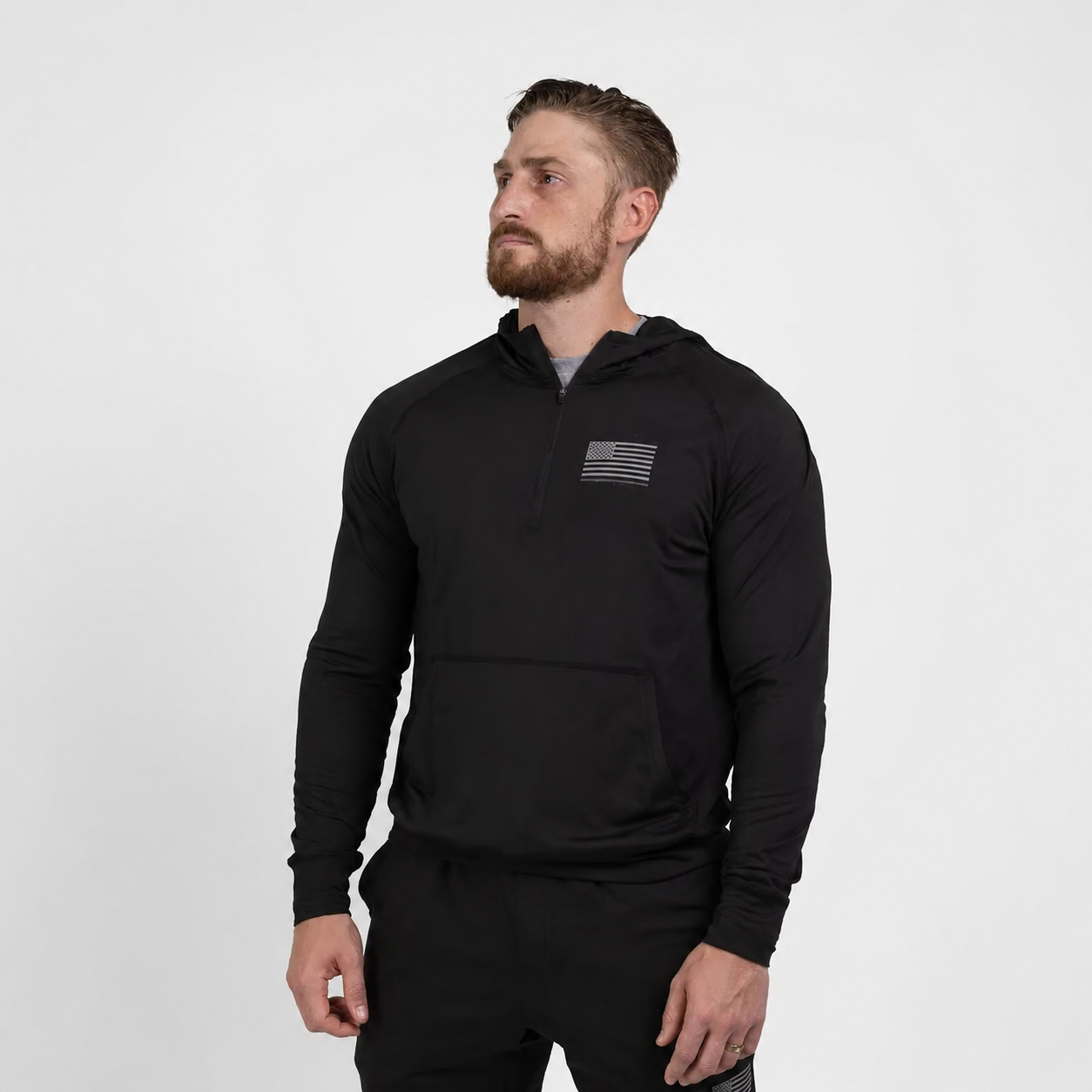 Black hoodie and shorts set studio reference image