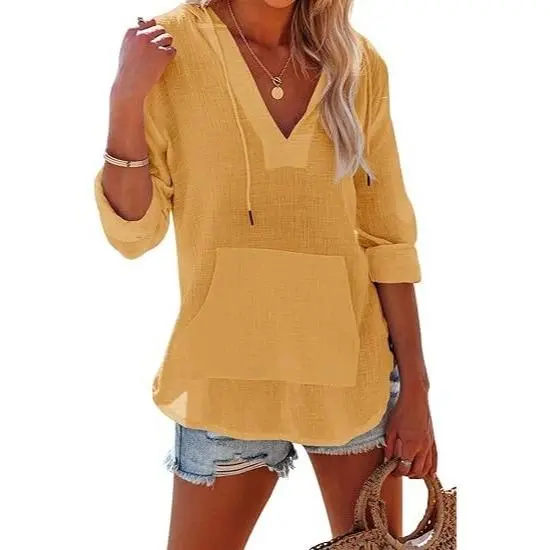 Women's Beach Cover Up hoodies sweatshirt Long Sleeve V-Neck Pocketed Hooded Shirt Top Casual Womenswear