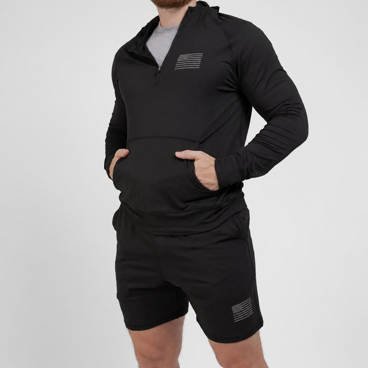 Black hoodie and shorts set close detail reference image