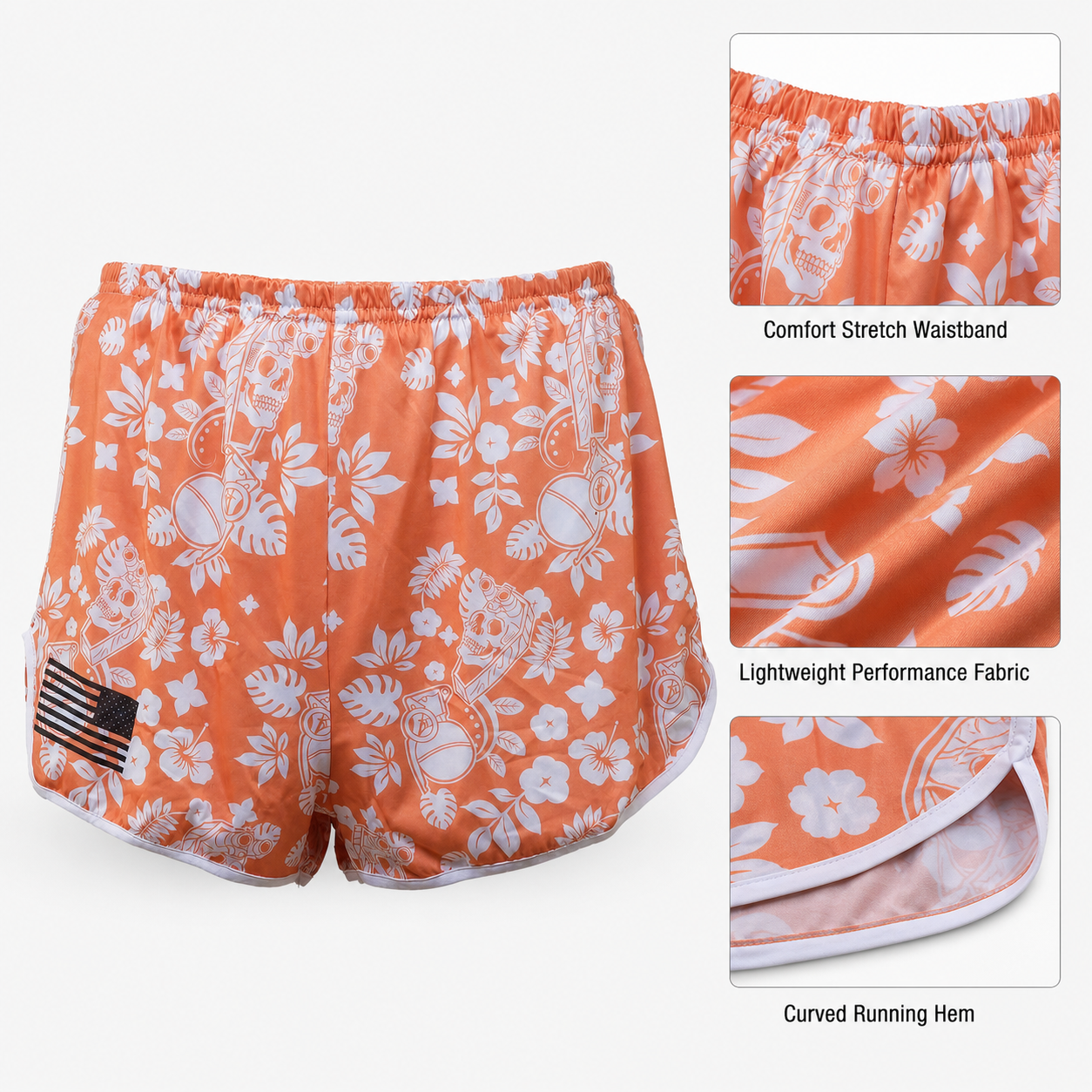 Running shorts waistband fabric and curved hem details