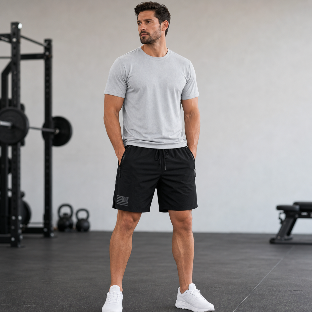 AI gallery front model wearing tactical shorts
